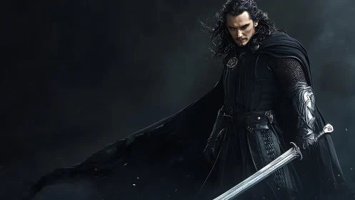 Dark armored swordsman stands in a storm of shadowed resolve
