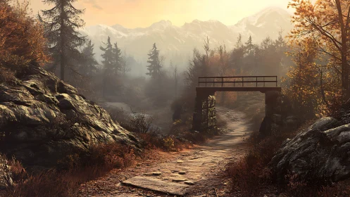Autumn mountain trail under stone bridge with volumetric dawn fog