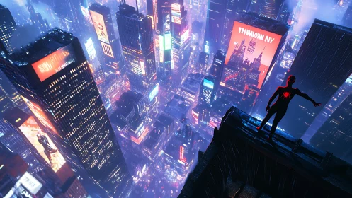 Silhouette hero overlooking neon rain-soaked megacity skyline.
