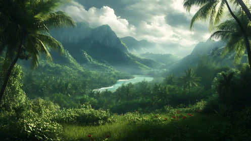 Lush jungle valley opens toward a calm winding tropical river