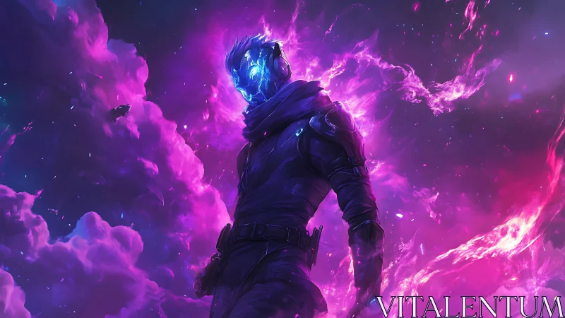 Starlit space wanderer glowing in radiant violet nebula.