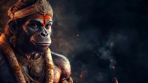 Highly detailed simian deity portrait with ornate gold regalia