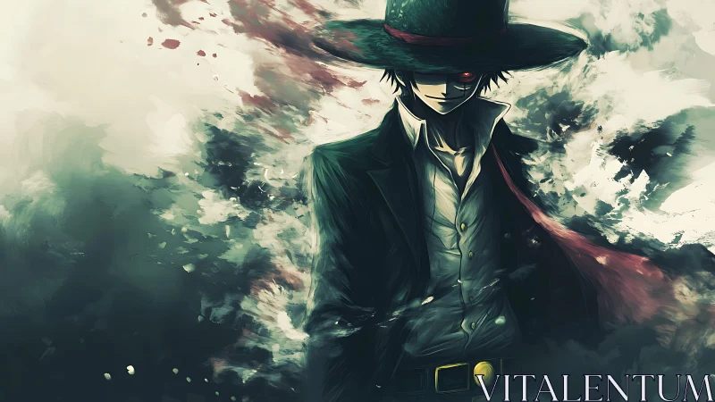 Anime noir gunslinger in smoky, high-contrast composition.