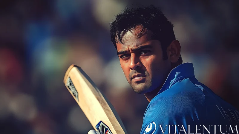Focused cricket player holding bat in blue match jersey.