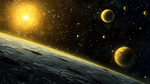 Golden planets drifting through a starlit cosmic sunrise.