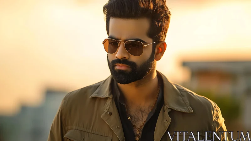 Bearded man in aviators stands against warm bokeh sunset