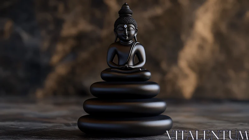Peaceful Buddha statue resting on smooth black stones.