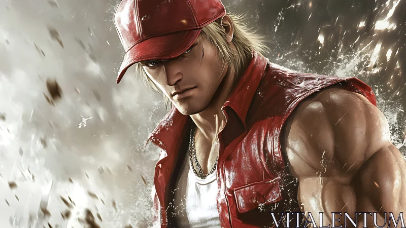 Dynamic fighter portrait renders muscular figure in red leather