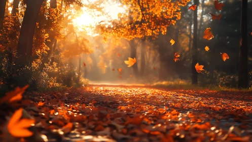 Backlit autumn forest path with drifting leaves and soft bokeh