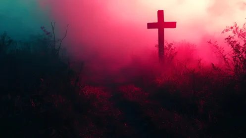 Wooden cross in foggy field with red and teal lighting.