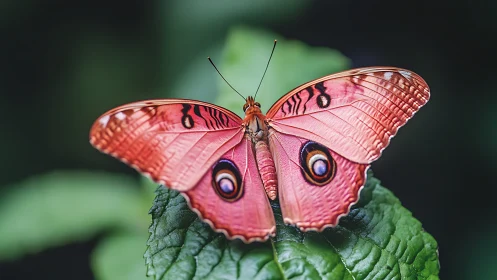 Pink butterfly on leaf with patterned wings in focus.