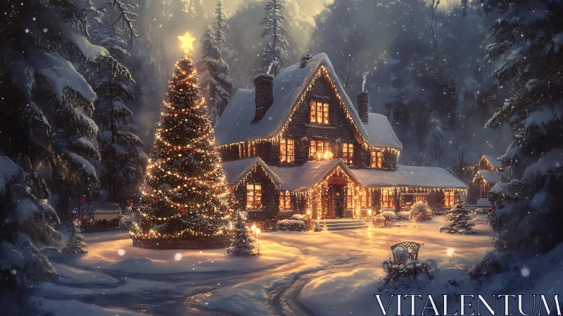 Illuminated alpine cabin and Christmas tree in snowbound forest.