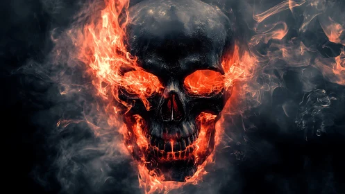 Incandescent burning skull with volumetric flames and smoke field