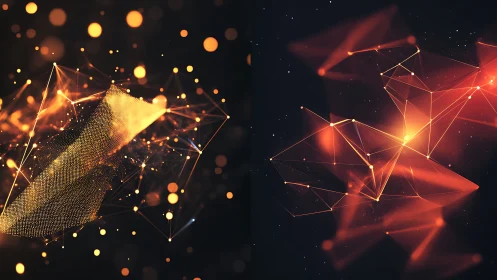 Abstract orange data networks with glowing particle nodes.