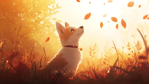 Golden corgi gazes at falling autumn leaves in sunlight.