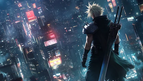 Armored swordsman overlooking dense neon cyberpunk megacity