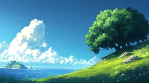 Rendered landscape composition with tree, hillside, and coastal vista