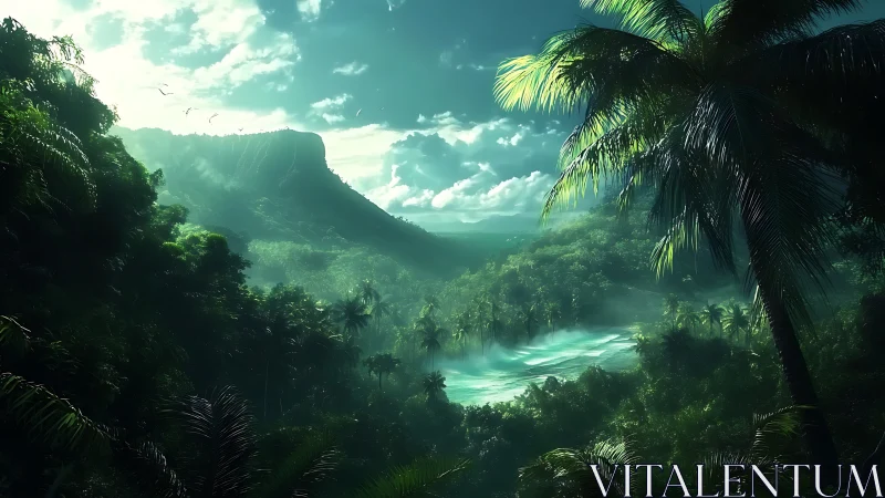Emerald mist valley where restless jungle meets shining surf.