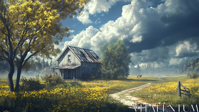 Weathered farmhouse in bright yellow meadow under storms