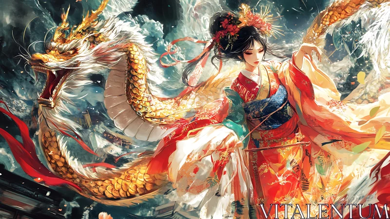 Golden eastern dragon coils around kimono-clad priestess in storm