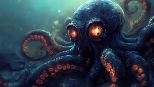 Bioluminescent octopus creature dominates dark seafloor scene