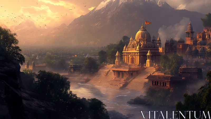 Golden riverside temple glows beneath misty mountain dusk