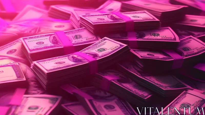 Stacks of US dollar bills glow under vivid pink neon light