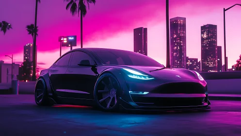 Electric sedan under neon magenta skyline, cinematic low angle.