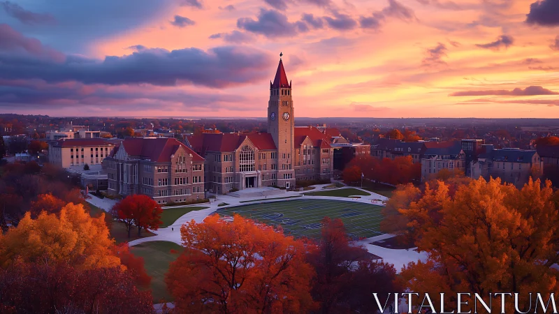 Sunset skyline over collegiate clocktower and stadium grounds.