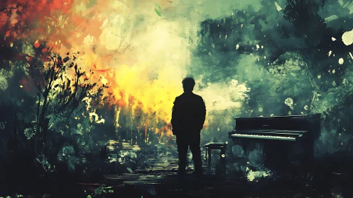Solitary pianist stands before glowing forest horizon.
