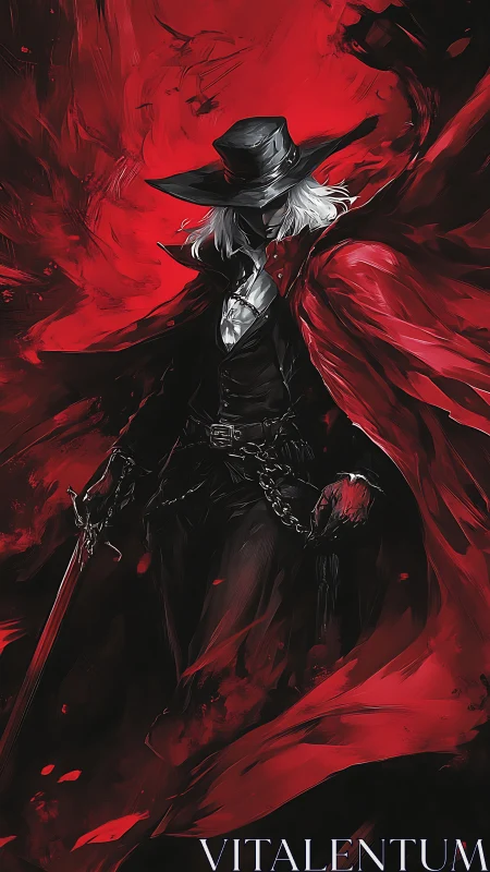 Crimson cloaked swordsman in high-contrast chiaroscuro portrait.