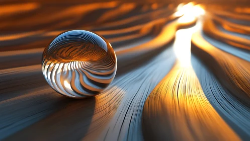 Glass sphere rests on glowing wavy metallic surface
