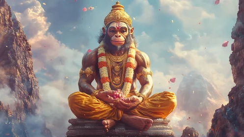 Serene monkey deity sits in golden robes amid misty mountains