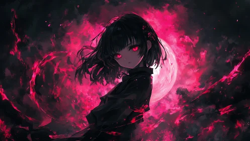 Crimson-eyed anime girl before blazing blood moon.