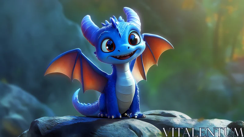 Bright-eyed baby dragon grinning atop mossy forest rock.