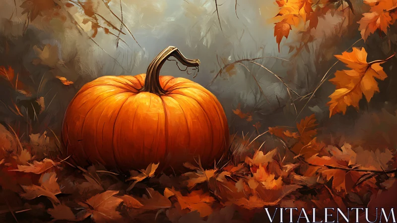 Cozy autumn pumpkin resting in a soft swirl of golden leaves.