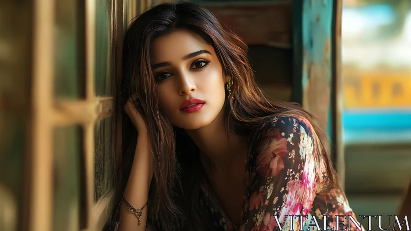 Pensive woman leans by sunlit window in soft floral tones