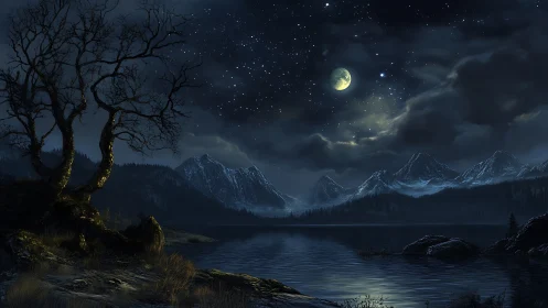 Moonlit alpine lake under star-filled winter sky.