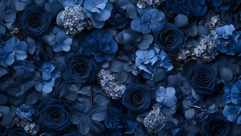Monochromatic Blue Floral Composition with Layered Botanical Elements.