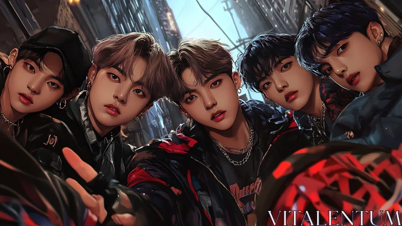 Urban alley portrait of stylized youth ensemble, low-angle focus.