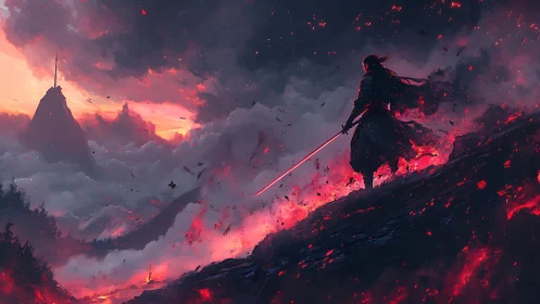 Lone warrior over burning ridge under stormy sky.