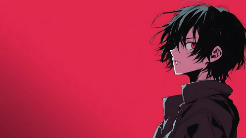Black haired anime teen in profile on bold red background
