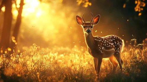 Young deer stands in glowing golden forest meadow at sunrise