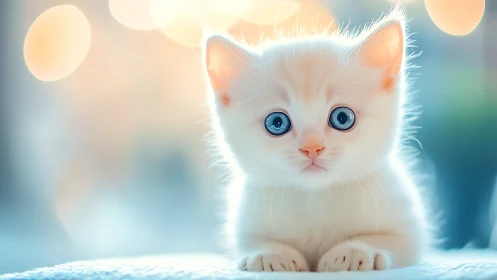 Digitally Rendered White Feline with Striking Cerulean Eyes in Soft-Focus Winter Environment