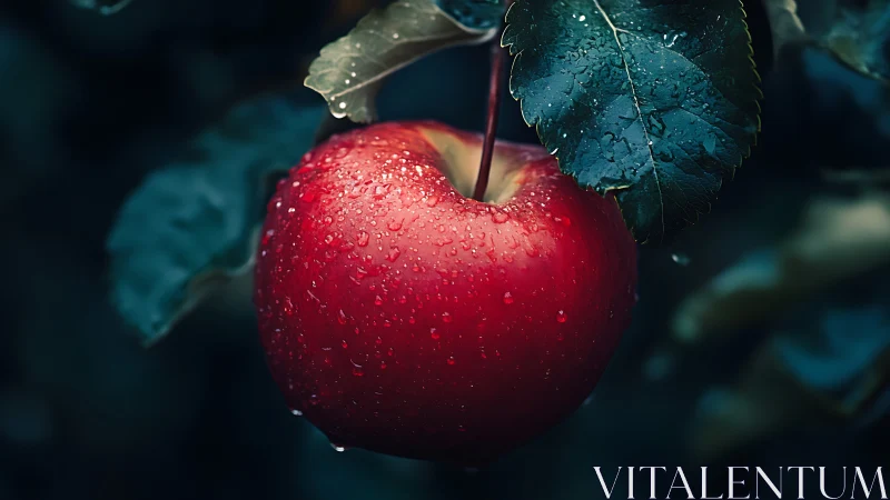 Single red apple hangs from branch under water droplets