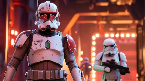 Armored sci fi troopers in illuminated industrial corridor