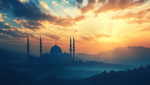Mosque silhouette stands against bright sunrise sky