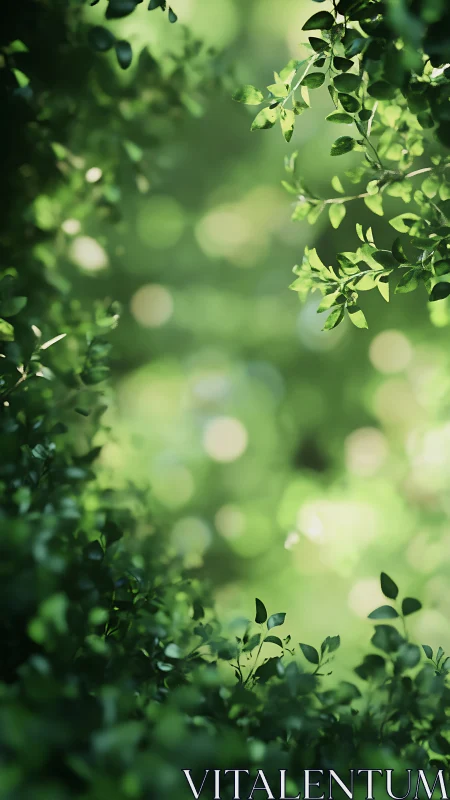Sunlit green foliage frames a softly blurred forest view.