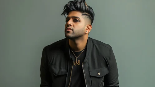 Confident young man leans forward in a sleek black jacket