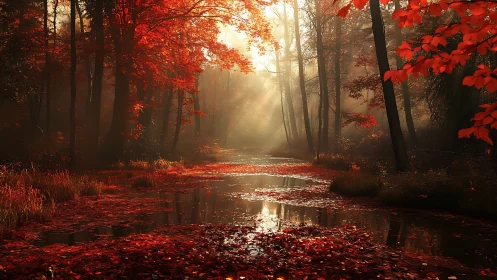Backlit autumn forest creek with dense red leaf canopy and mist